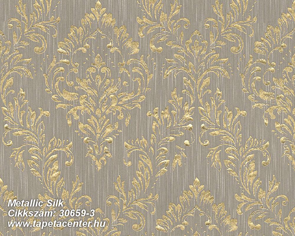 Barokk-klasszikus,csillámos,különleges felületű,különleges motívumos,valódi textil,arany,szürke,vlies tapéta 